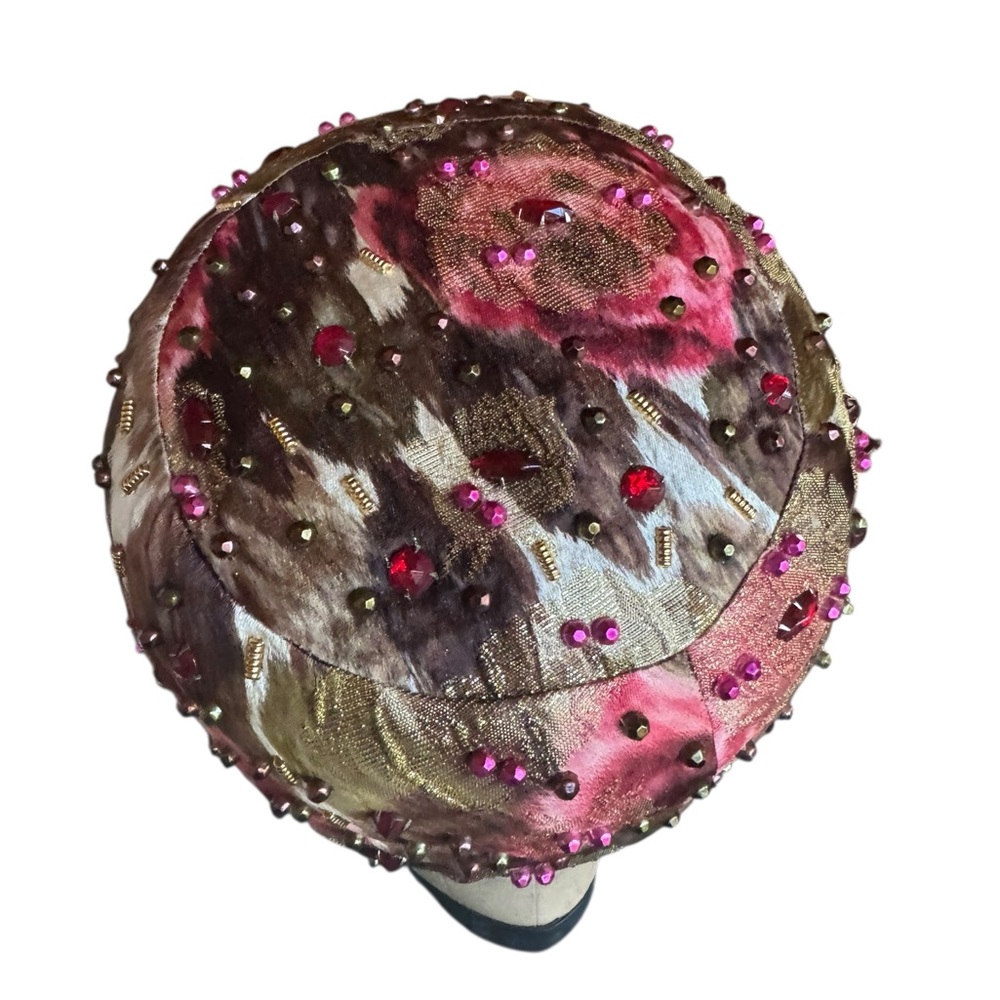 1940s Francois Paris New York Close-Fitted Cap w/Floral Pattern w/Pink & Gold To - Picture 5 of 8